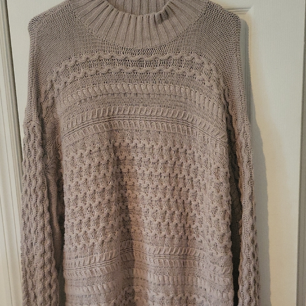 Tan Cowl Neck Sweater with Textured Knit Patterns
